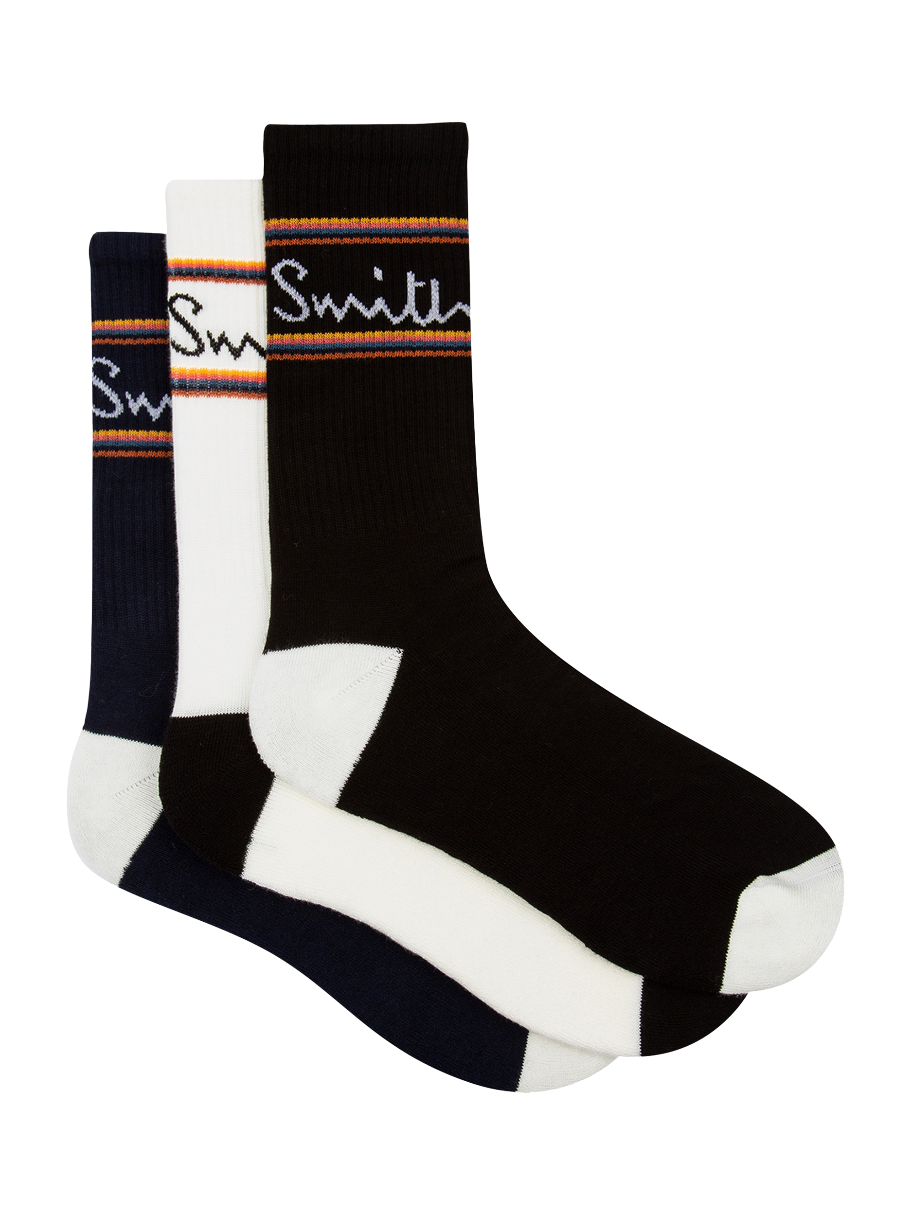 Product image 1 of 4, which shows Paul Smith Artist Stripe Signature Logo Sock, Pack of 3, White/Black