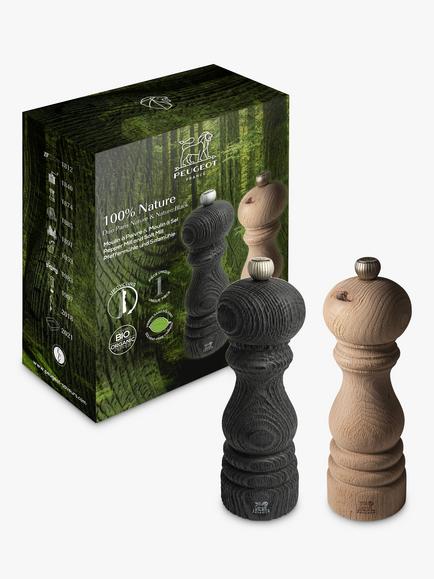 Peugeot Paris Nature Upcycled Beech Wood Adjustable Salt & Pepper Mills, Set of 2, 18cm, Black/Natural