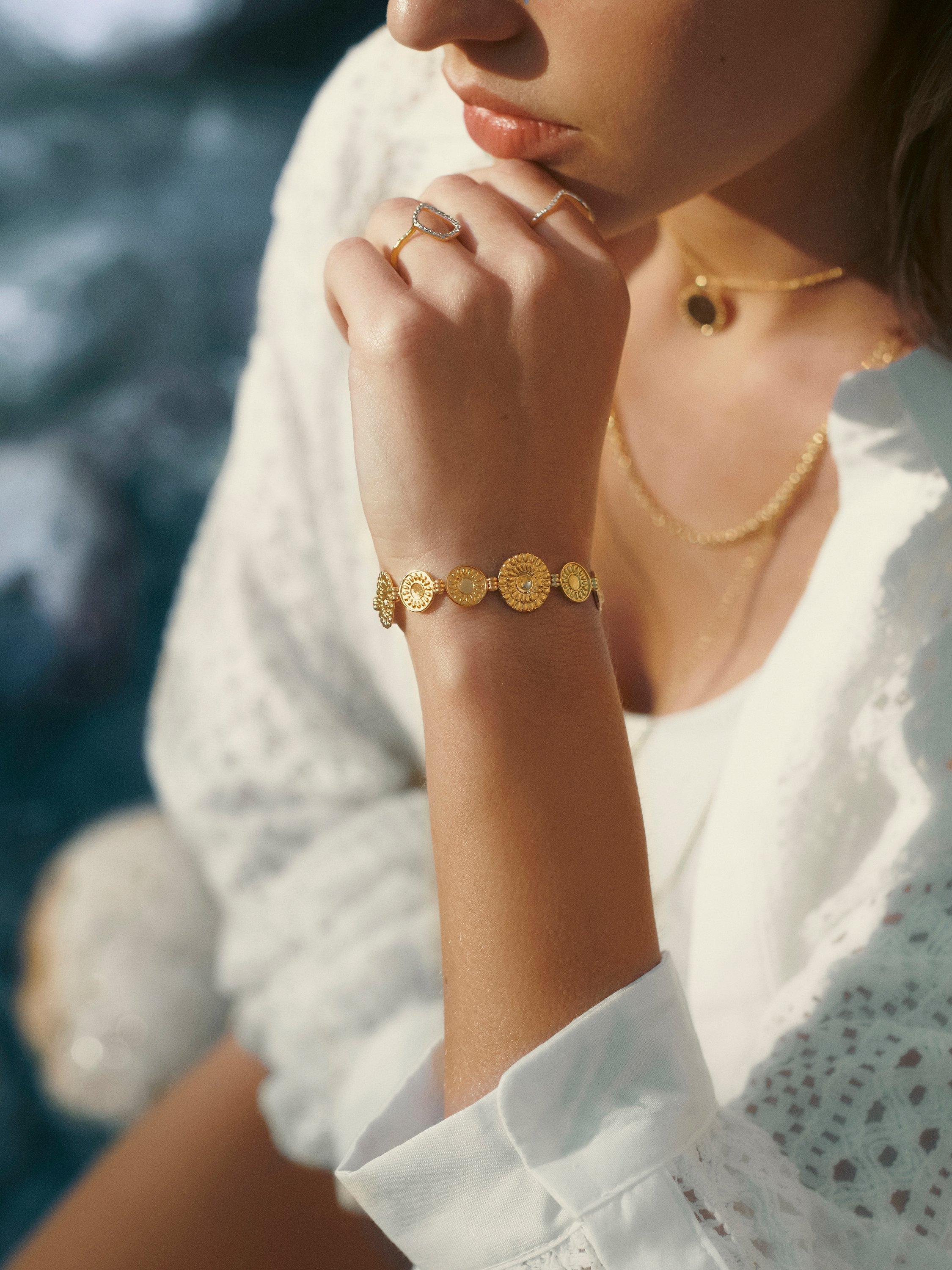 Product image 4 of 5, which shows Monica Vinader Juno Shield Bracelet, Gold, Small-Medium