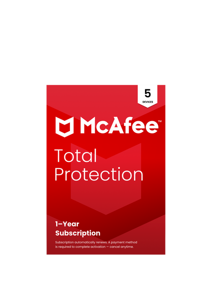 McAfee Total Protection, Automatic Renewal with Unlimited VPN, 5 Devices, 1 Year Subscription, 