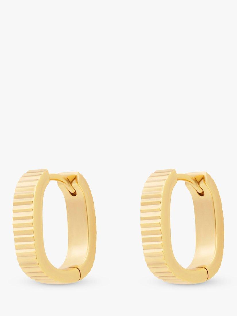 Product image 1 of 4, which shows Wanderlust + Co Ribbed Bar Huggie Hoop Earrings, Gold