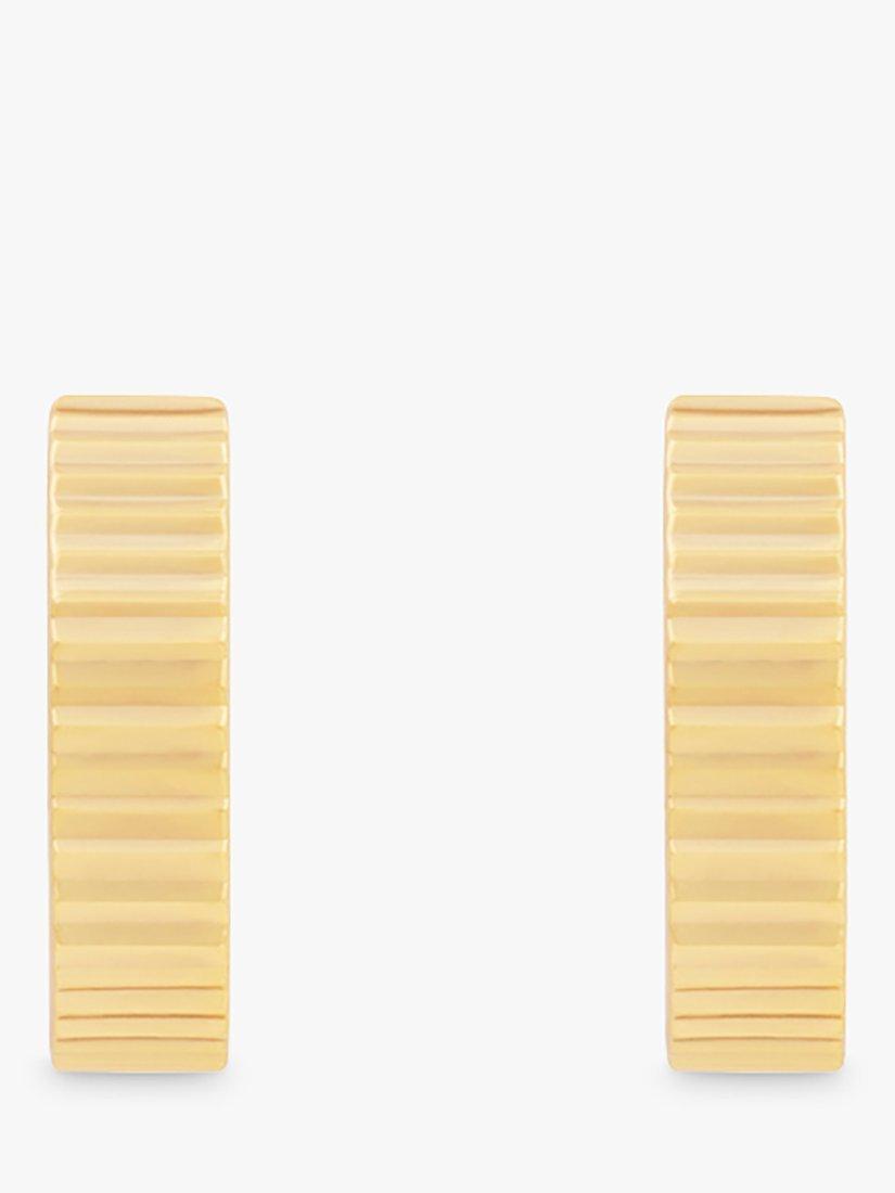 Product image 2 of 4, which shows Wanderlust + Co Ribbed Bar Huggie Hoop Earrings, Gold