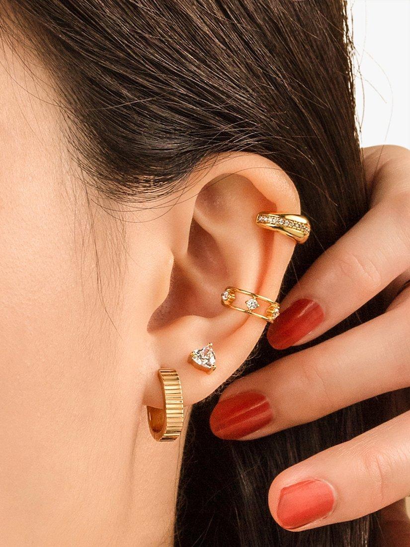 Product image 3 of 4, which shows Wanderlust + Co Ribbed Bar Huggie Hoop Earrings, Gold