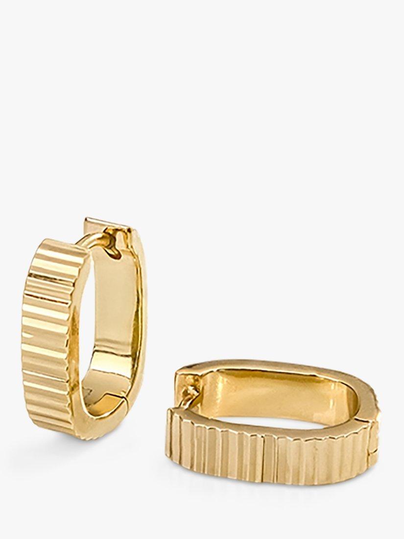 Product image 4 of 4, which shows Wanderlust + Co Ribbed Bar Huggie Hoop Earrings, Gold