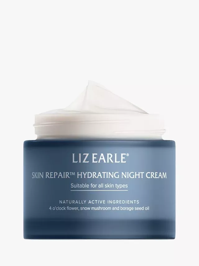 Blue jar of Liz Earle Skin Repair Hydrating Night Cream with naturally active ingredients and white lid.