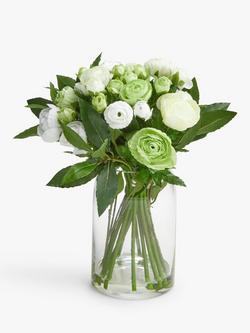 Floralsilk Artificial White Ranunculus Bouquet in Glass Vase, 33cm, Green/White, Clear/White