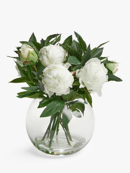 Floralsilk Artificial White Peonies in Glass Globe Vase, H28cm, Clear/White