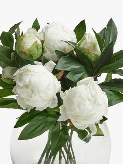 Floralsilk Artificial White Peonies in Glass Globe Vase, H28cm - view 2, Clear/White