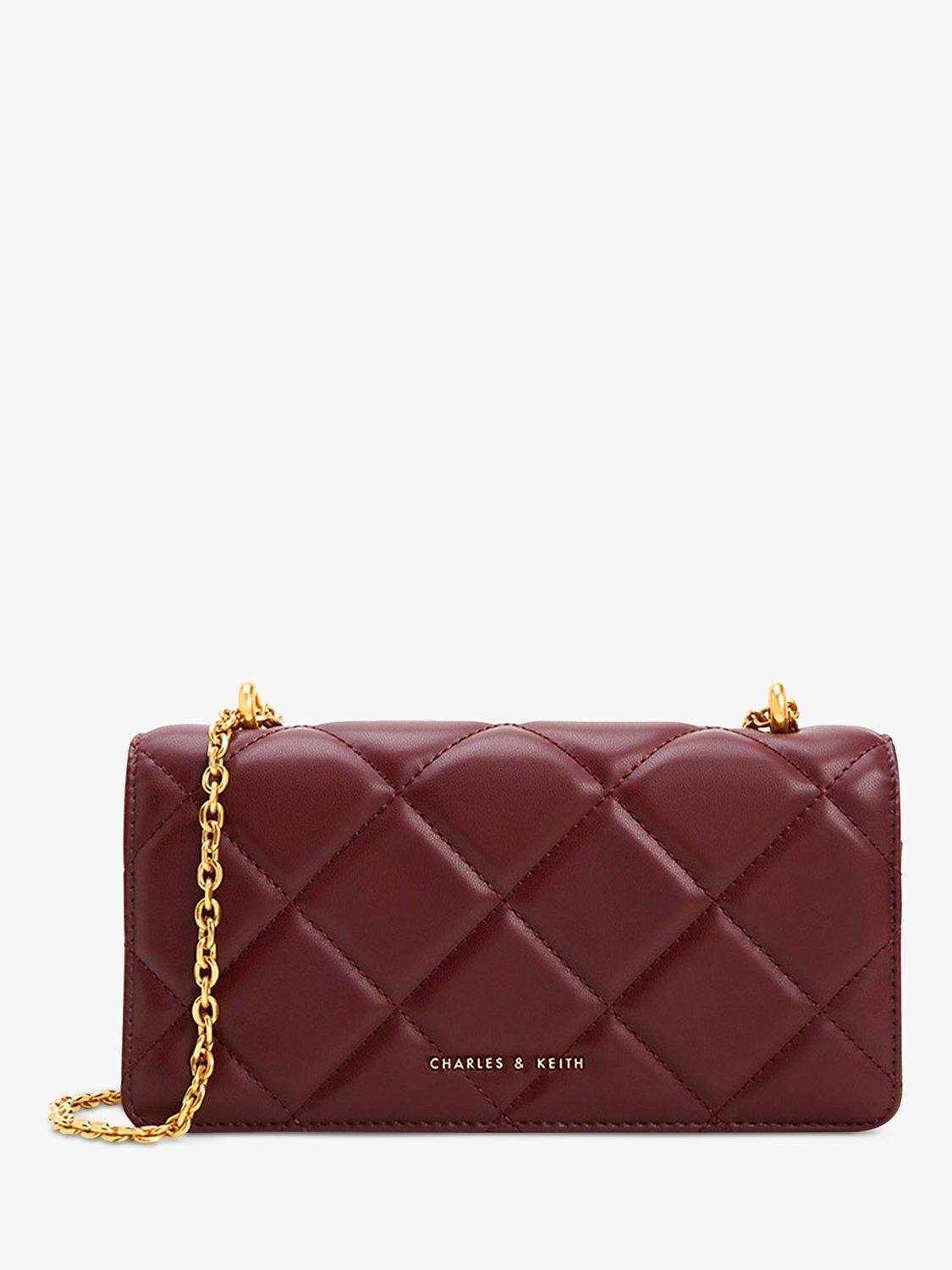 CHARLES & KEITH Paffuto Quilted Chain Strap Wallet Bag, Burgundy