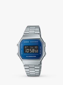 Casio A168WEM-2BEF Unisex Retro Digital Bracelet Strap Watch, Silver/Blue, Silver