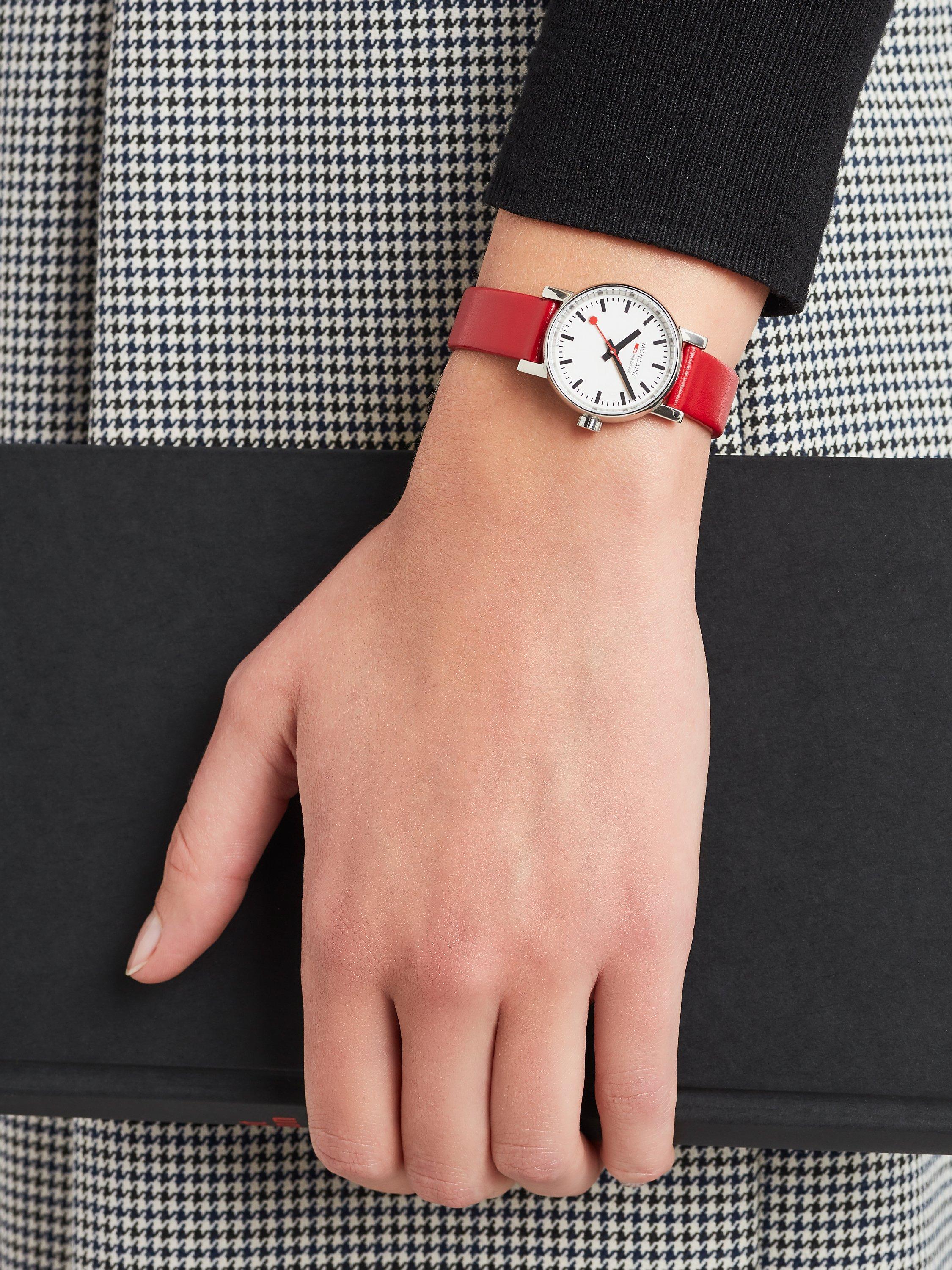 Product image 9 of 10, which shows Mondaine Women's Evo 2 Vegan Leather Strap Watch, Red