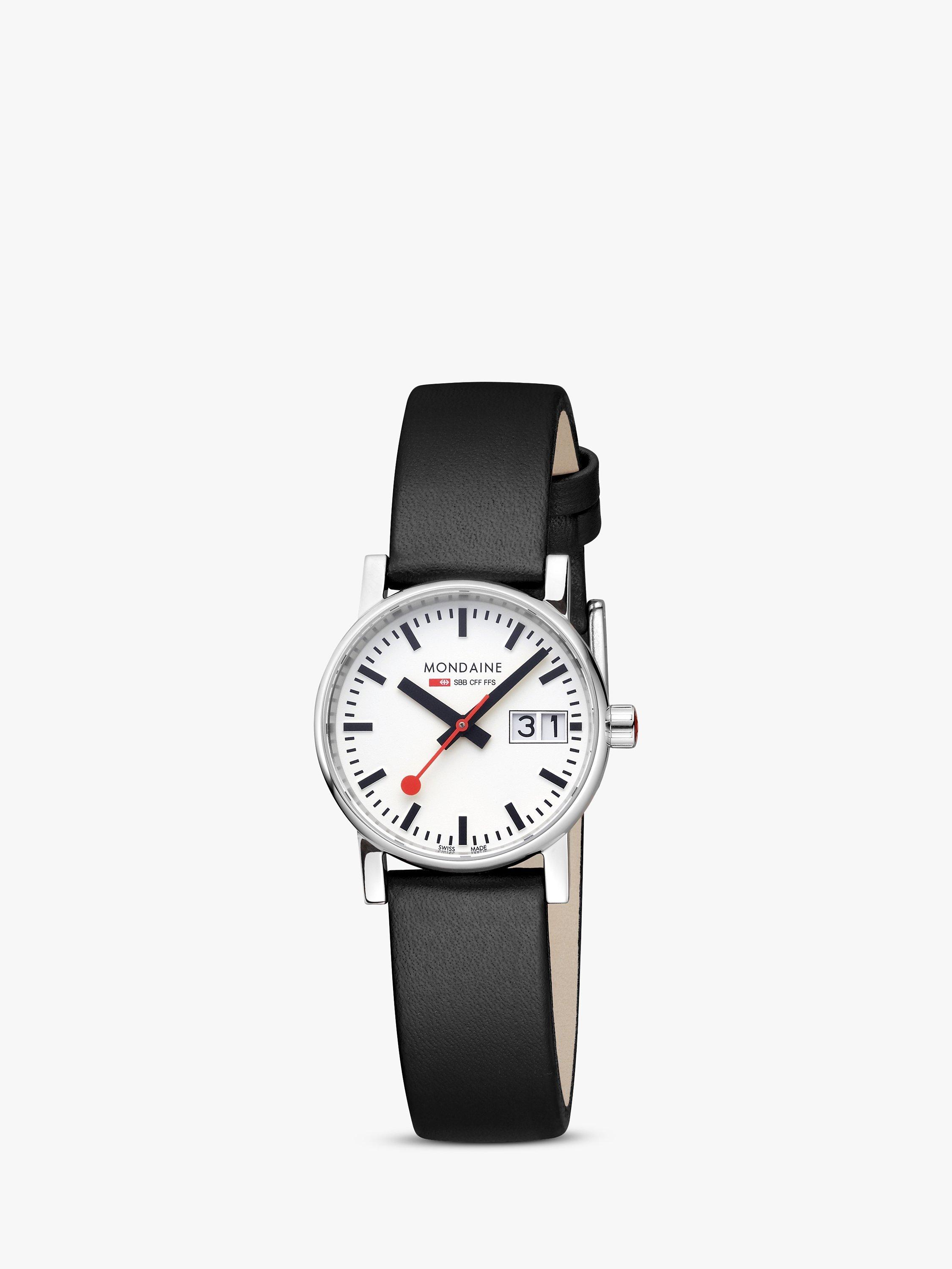 Product image 1 of 9, which shows Mondaine Women's Evo 2 Date Vegan Leather Strap Watch, Black