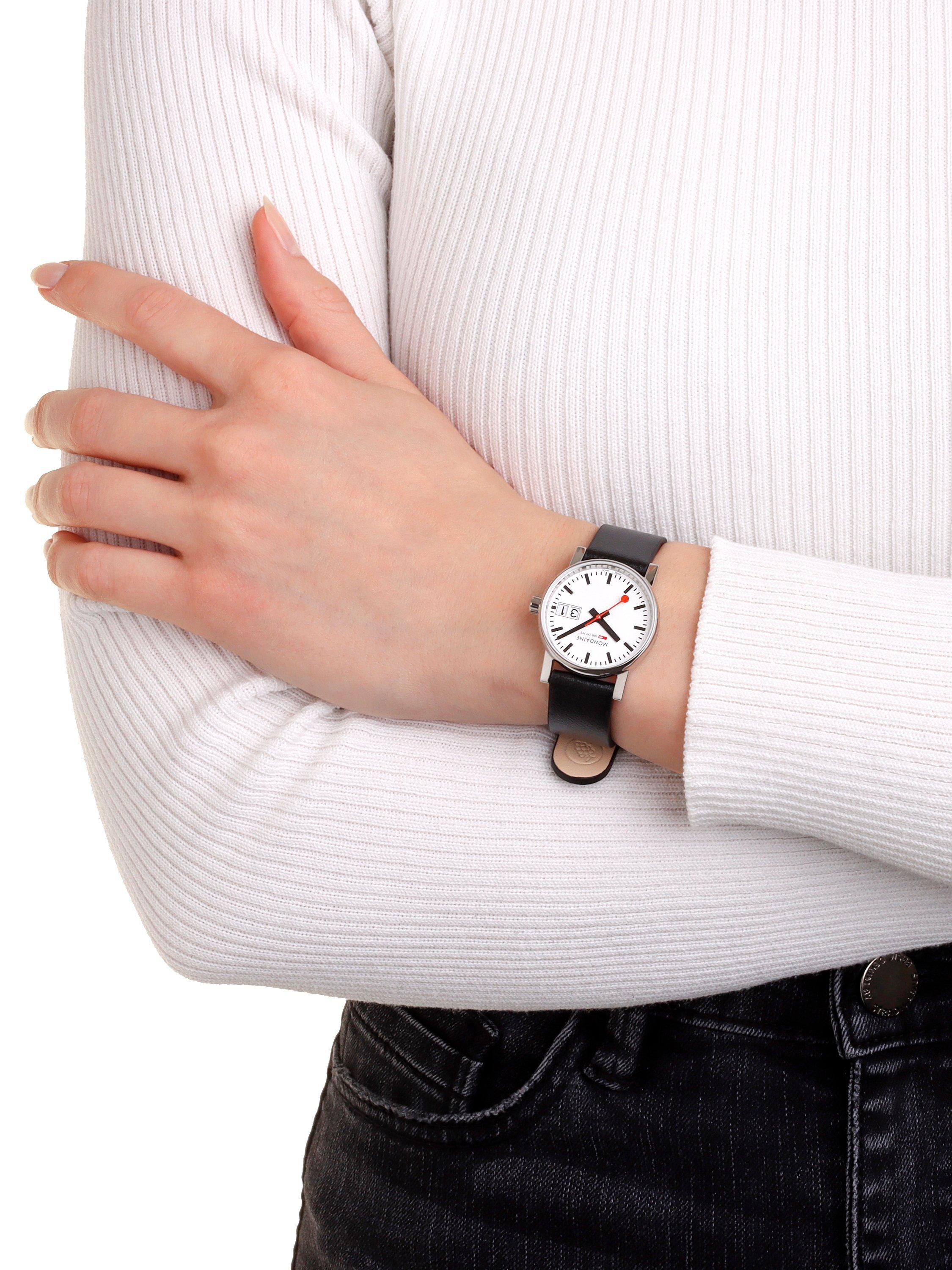 Product image 9 of 9, which shows Mondaine Women's Evo 2 Date Vegan Leather Strap Watch, Black