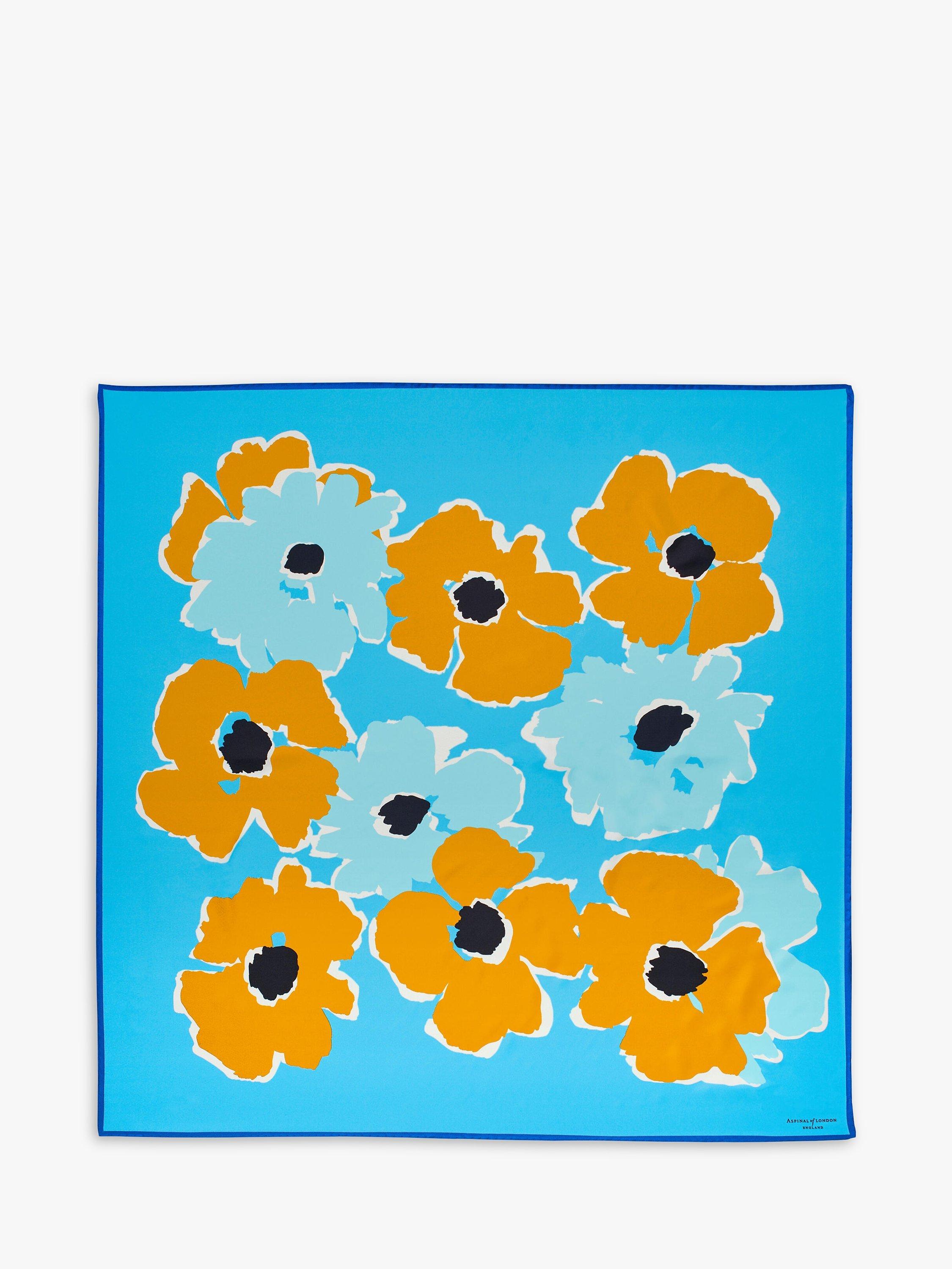 Aspinal of London Abstract Floral Silk Scarf, Pool Blue/Mustard