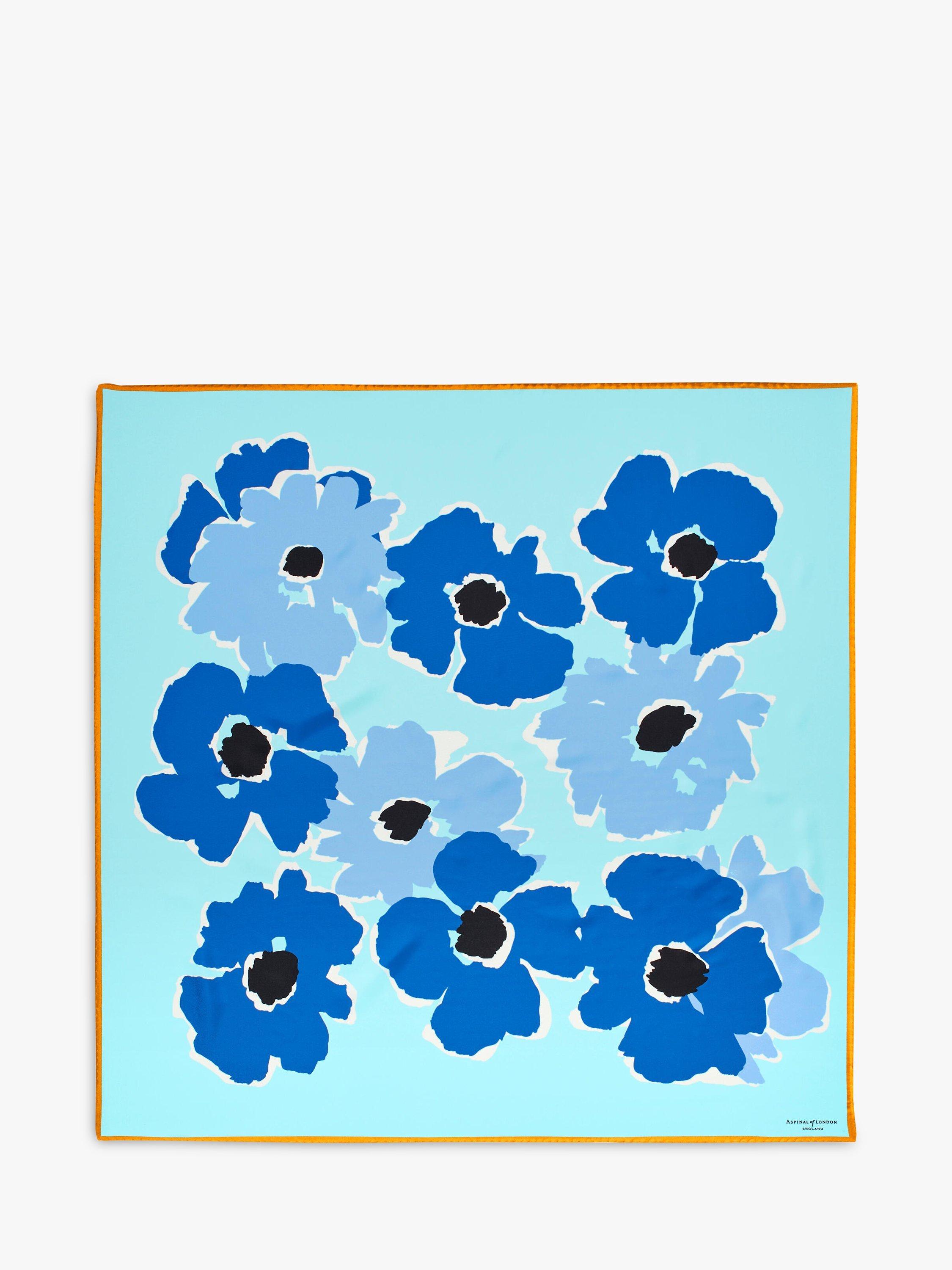 Aspinal of London Abstract Floral Silk Scarf, Tonal Blue