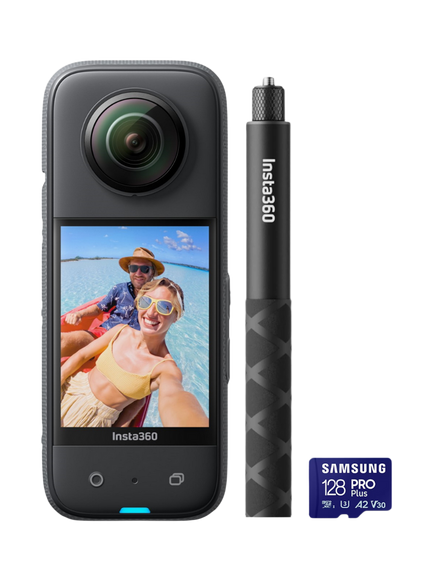 Іnѕtа360 X3 Action Camera, 5.7K, 48MP, 360° Recording, Bundle with Invisible Selfie Stick & 128GB Memory Card, Black