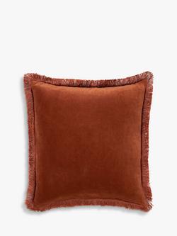 Truly Fringed Square Velvet Cushion, Burnt Orange