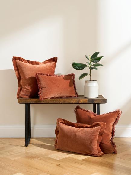 Truly Fringed Velvet Lombard Cushion - view 2, Burnt Orange