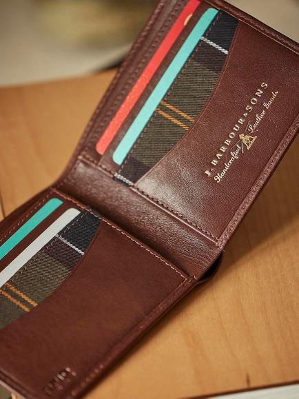 Barbour Colwell Billfold Leather Wallet, Chestnut/Tartan - view 2, Brown/Classic Tartan