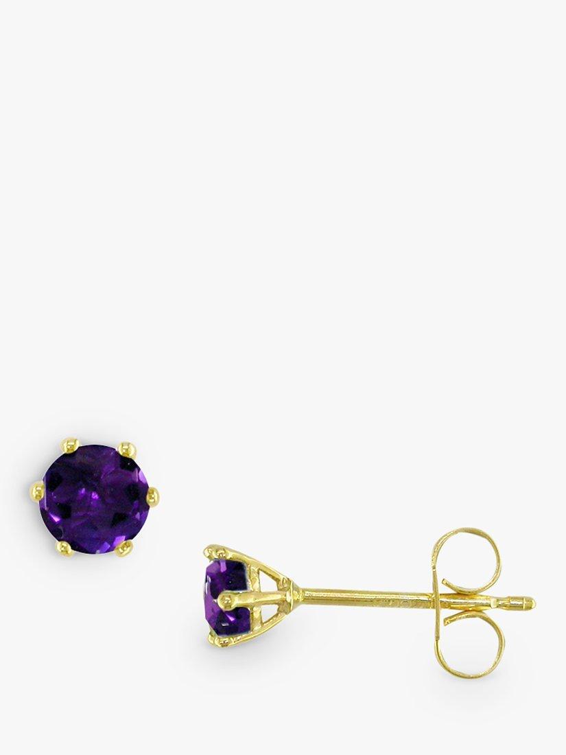 Product image 1 of 3, which shows E.W Adams 9ct Gold Claw Set Amethyst Round Stud Earrings, Gold/Purple