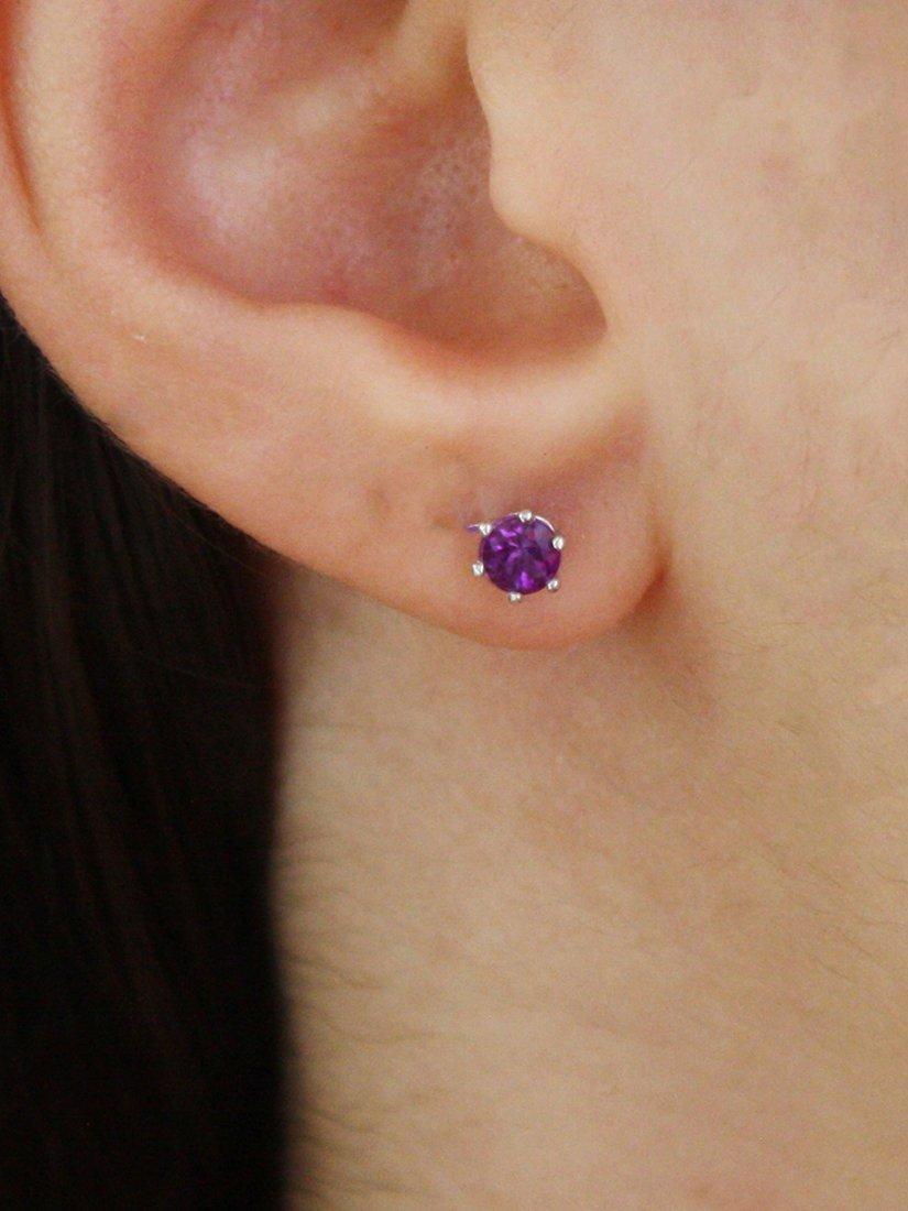 Product image 2 of 3, which shows E.W Adams 9ct Gold Claw Set Amethyst Round Stud Earrings, Gold/Purple