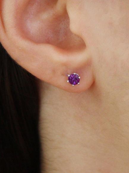 E.W Adams 9ct Gold Claw Set Amethyst Round Stud Earrings, Gold/Purple - view 2, Gold/Purple
