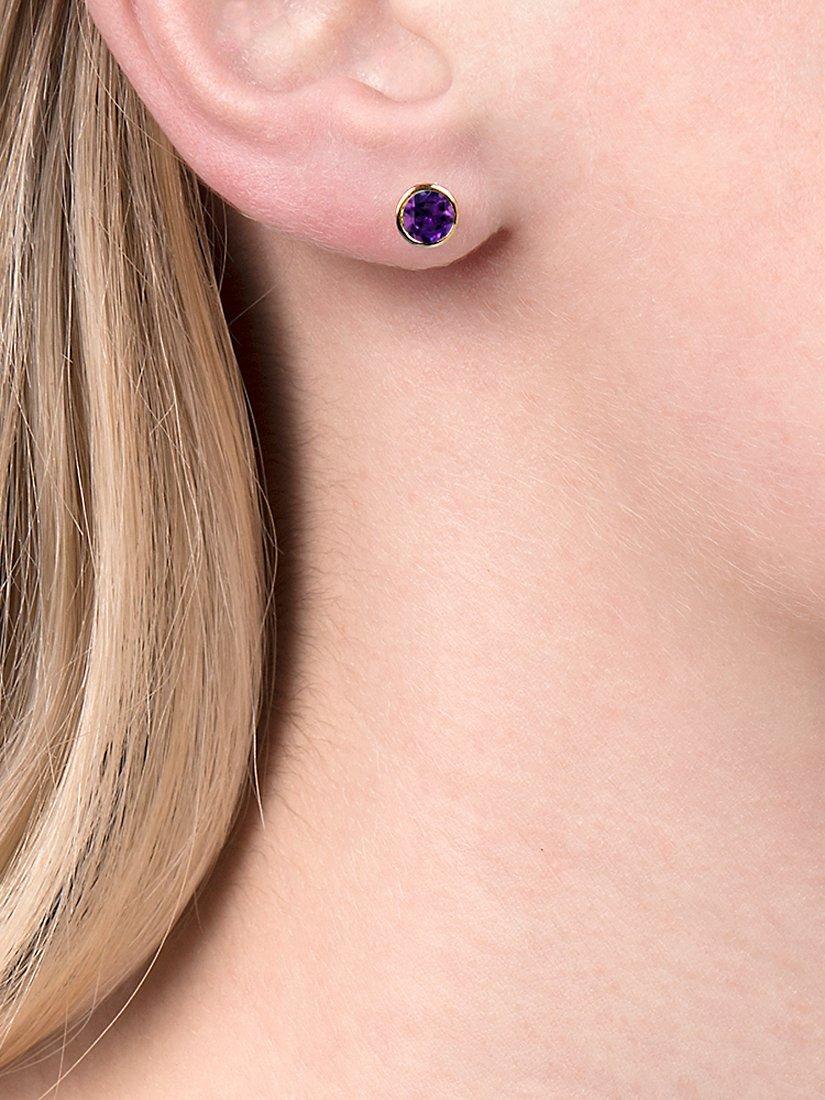 Product image 2 of 3, which shows E.W Adams 9ct Gold Round Amethyst Stud Earrings, Gold/Purple