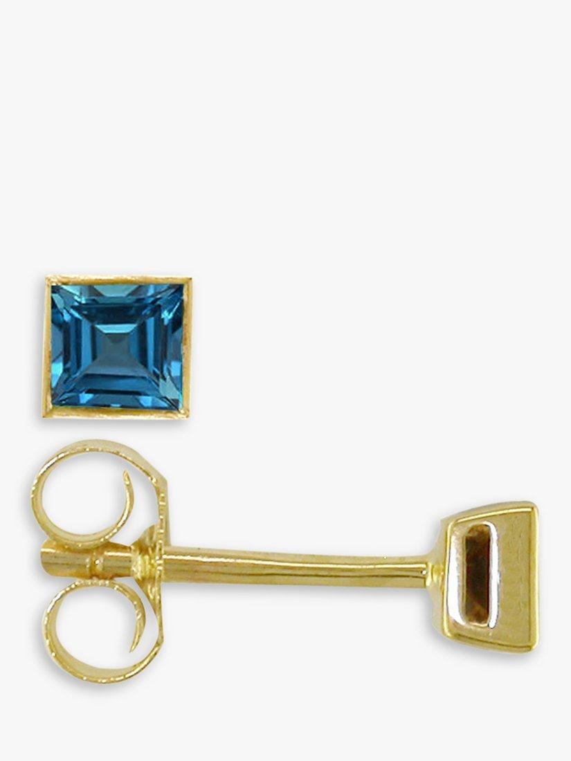 Product image 1 of 3, which shows E.W Adams 9ct Gold Princess Cut Topaz Square Stud Earrings, Gold/Blue