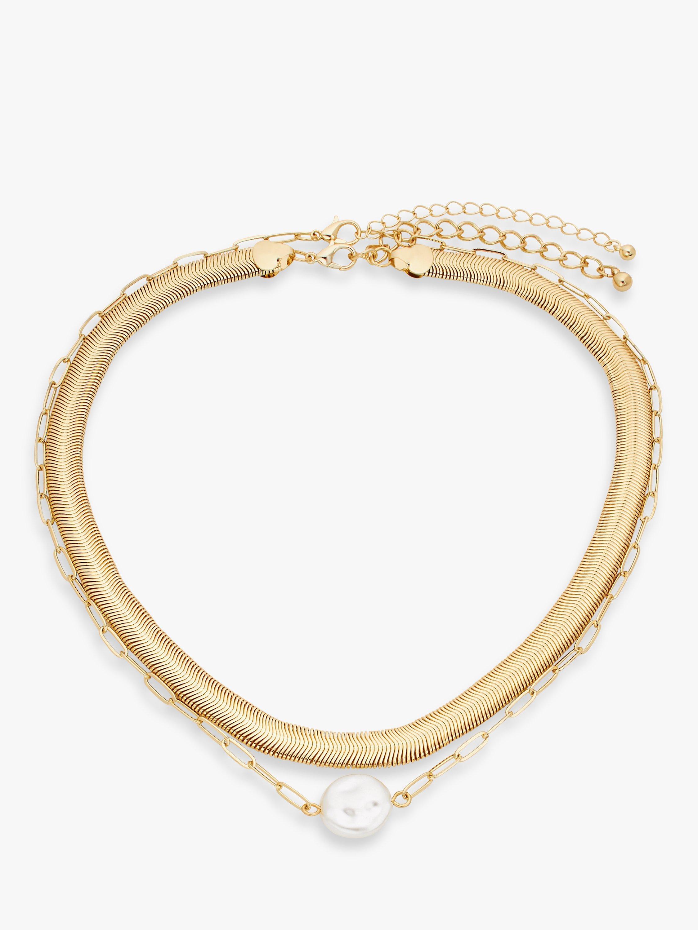 John Lewis Flat Snake & Faux Pearl Link Chain Necklace, Gold
