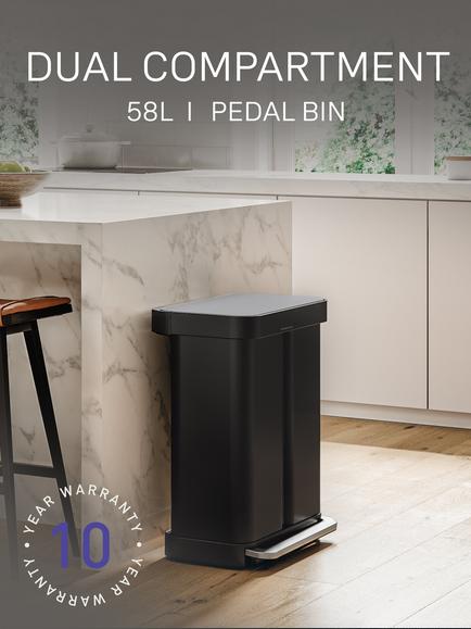 Simplehuman Recycling Liner Pocket Pedal Bin, Matte Black Steel, 58L - view 2, Black