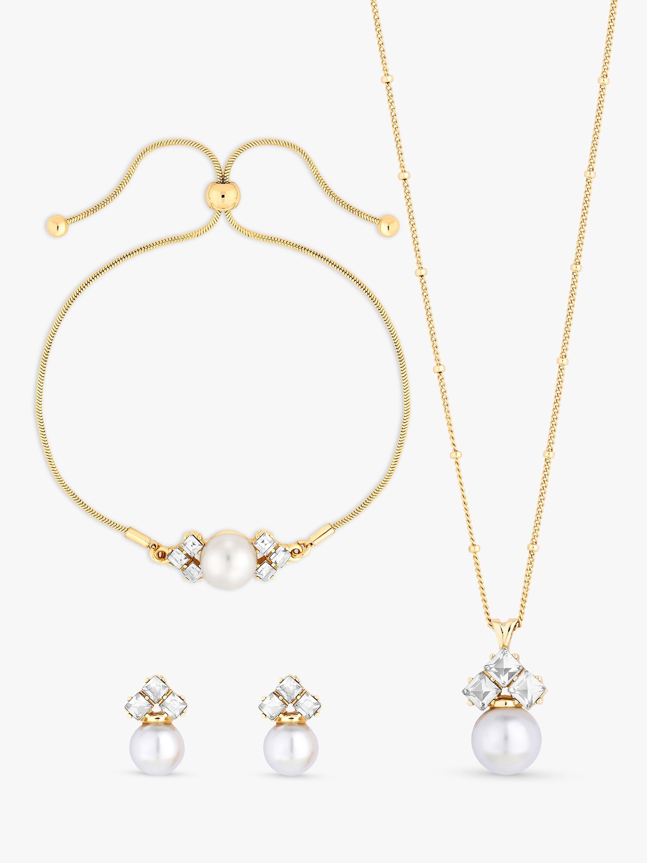 Product image 2 of 4, which shows Jon Richard Pearl & Crystal Bracelet, Necklace and Stud Earrings Jewellery Set, Gold