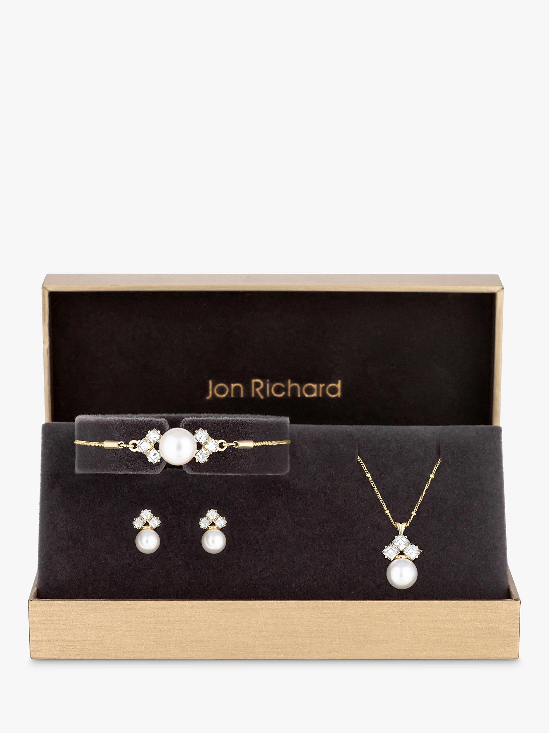 Product image 1 of 4, which shows Jon Richard Pearl & Crystal Bracelet, Necklace and Stud Earrings Jewellery Set, Gold
