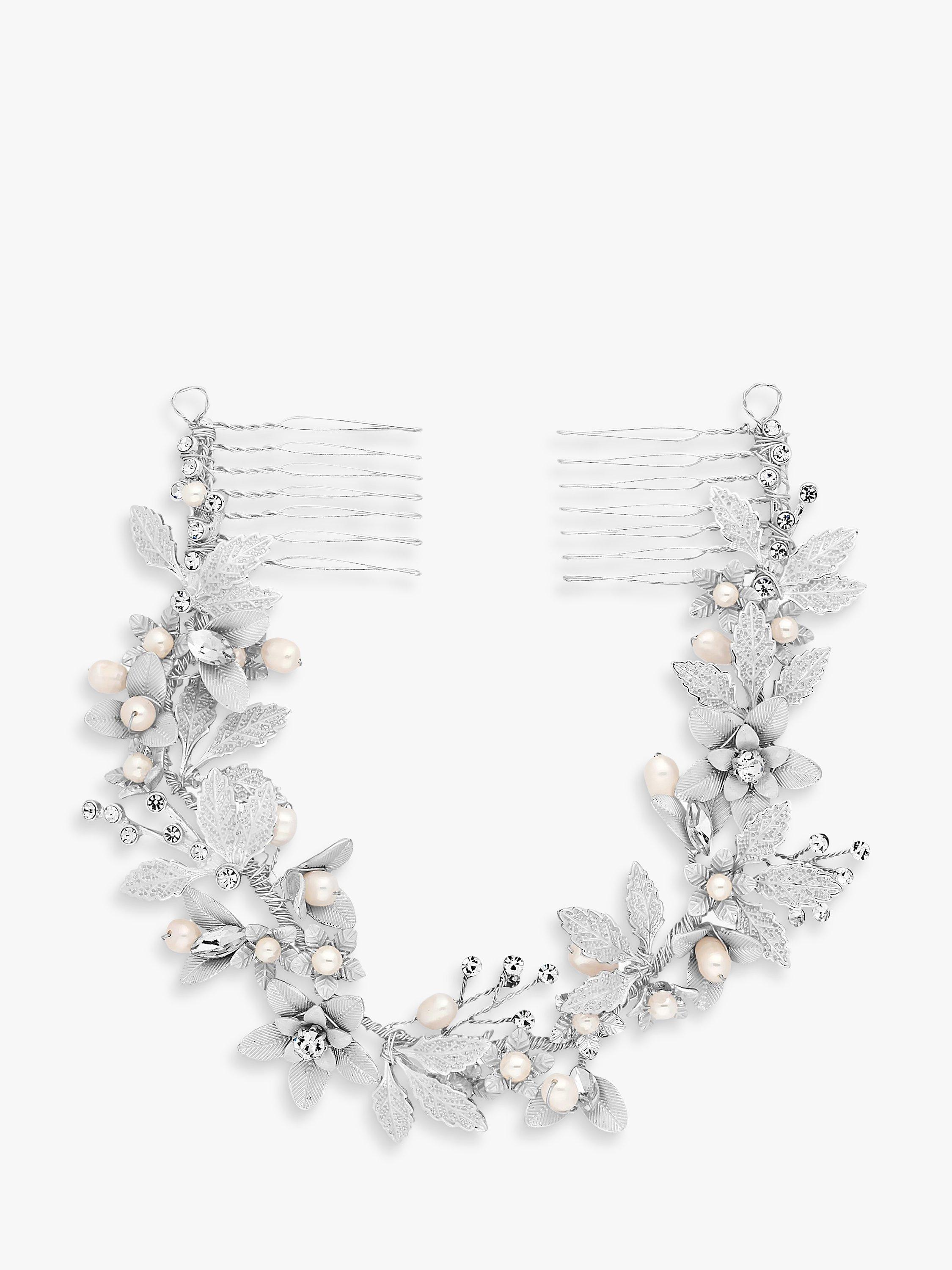 Product image 1 of 3, which shows Jon Richard Clara Brushed Leaves and Freshwater Pearl Hair Grip, Silver