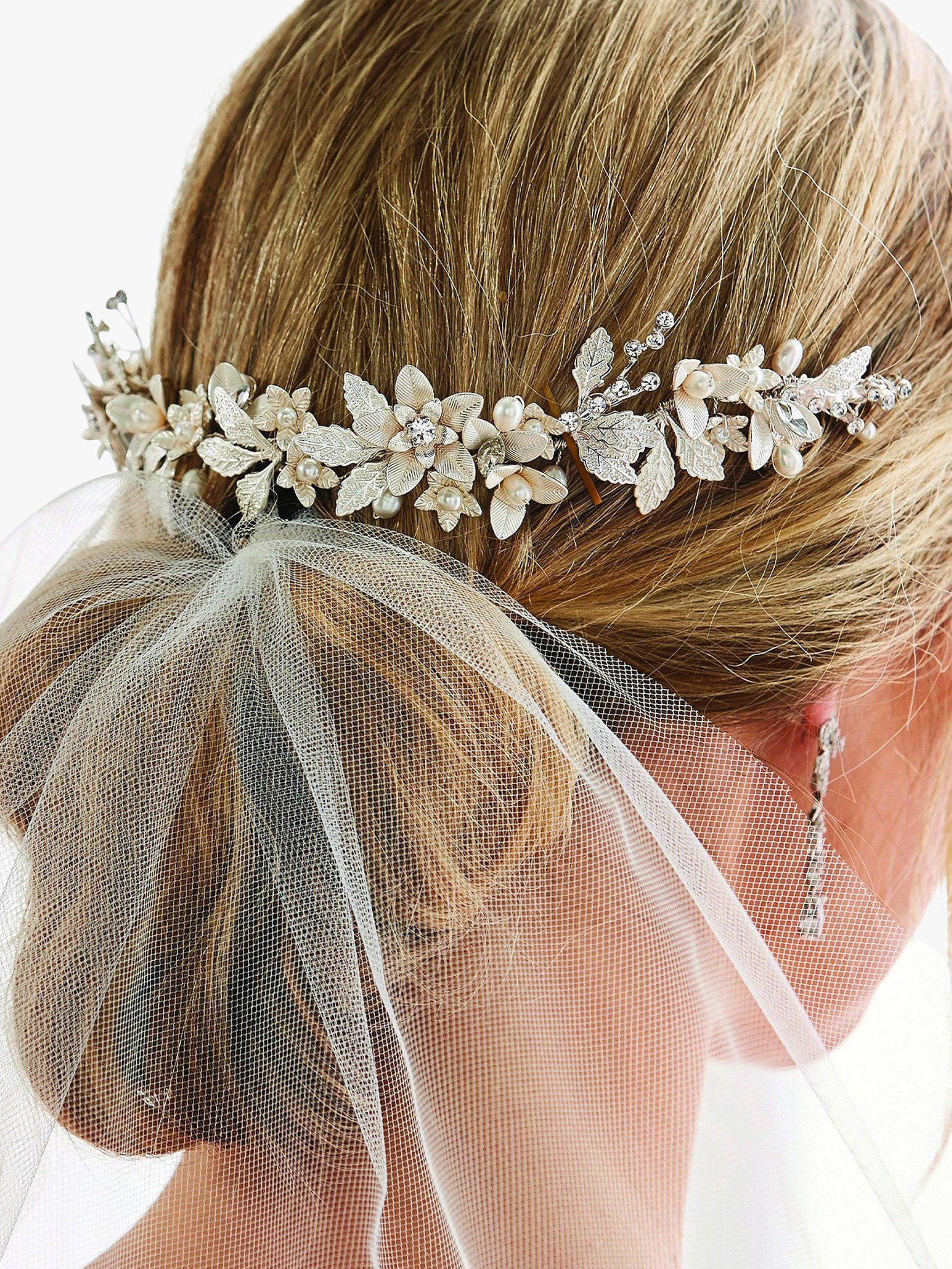 Product image 2 of 3, which shows Jon Richard Clara Brushed Leaves and Freshwater Pearl Hair Grip, Silver