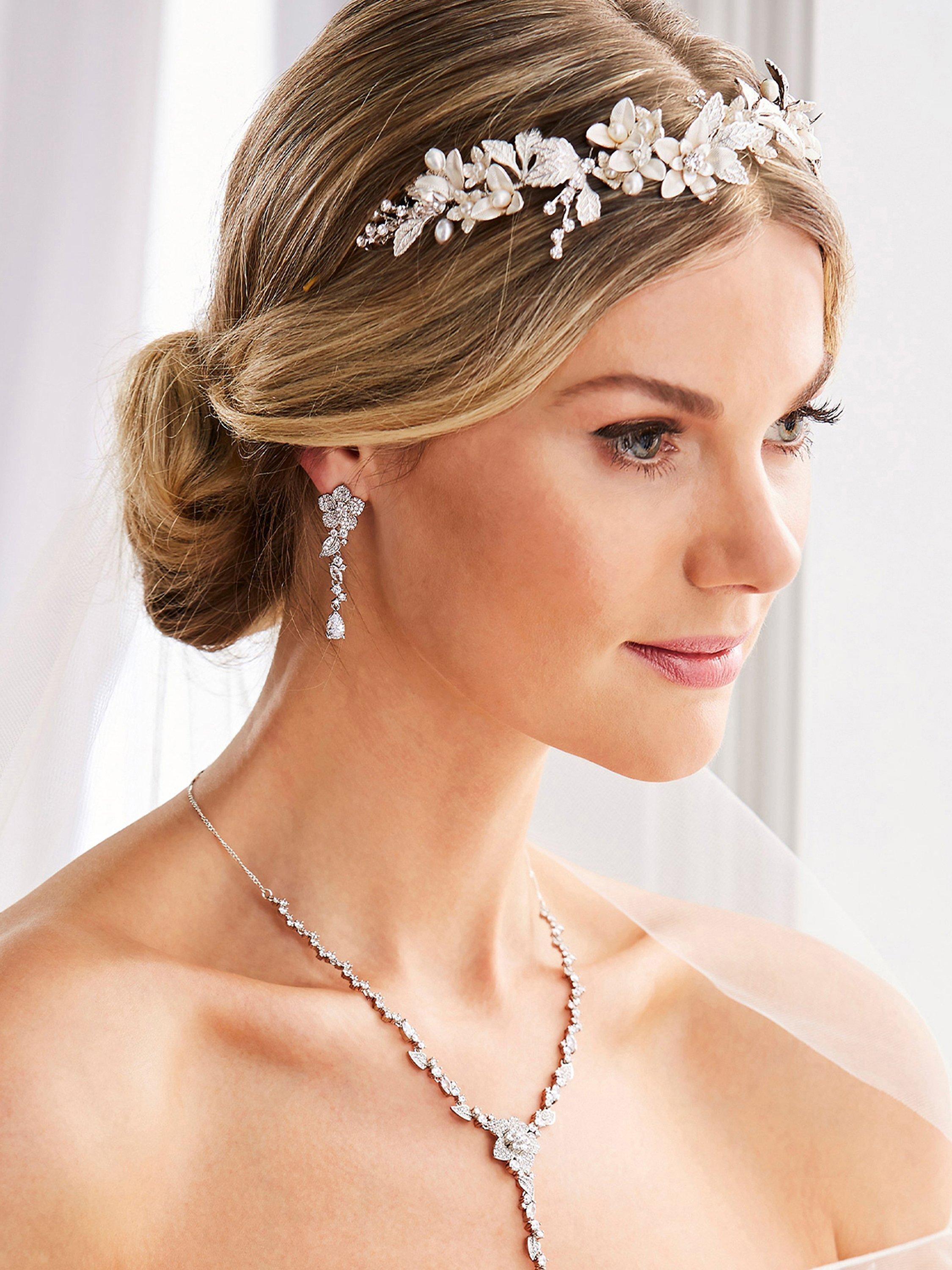 Product image 3 of 3, which shows Jon Richard Clara Brushed Leaves and Freshwater Pearl Hair Grip, Silver