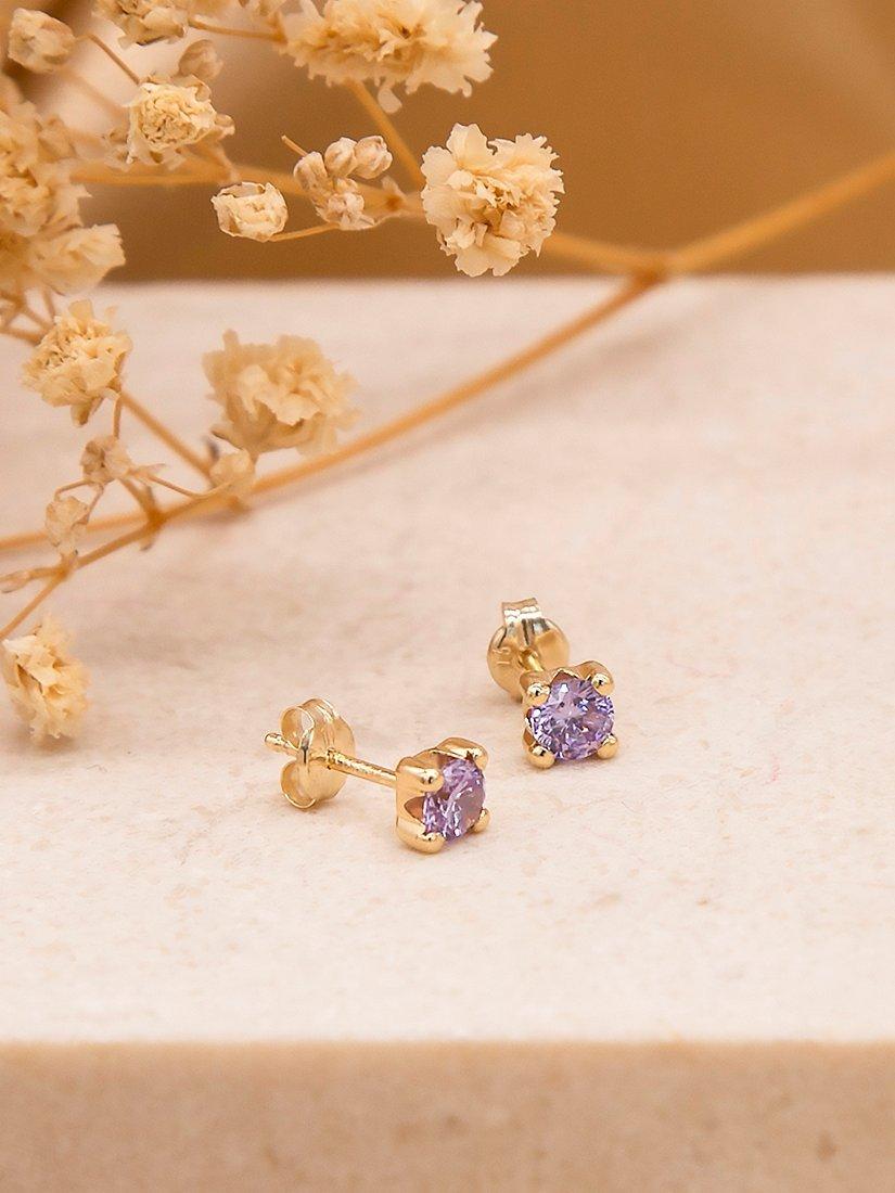 Product image 3 of 4, which shows IBB 9ct Yellow Gold Cubic Zirconia Stud Earrings, June/Light Purple