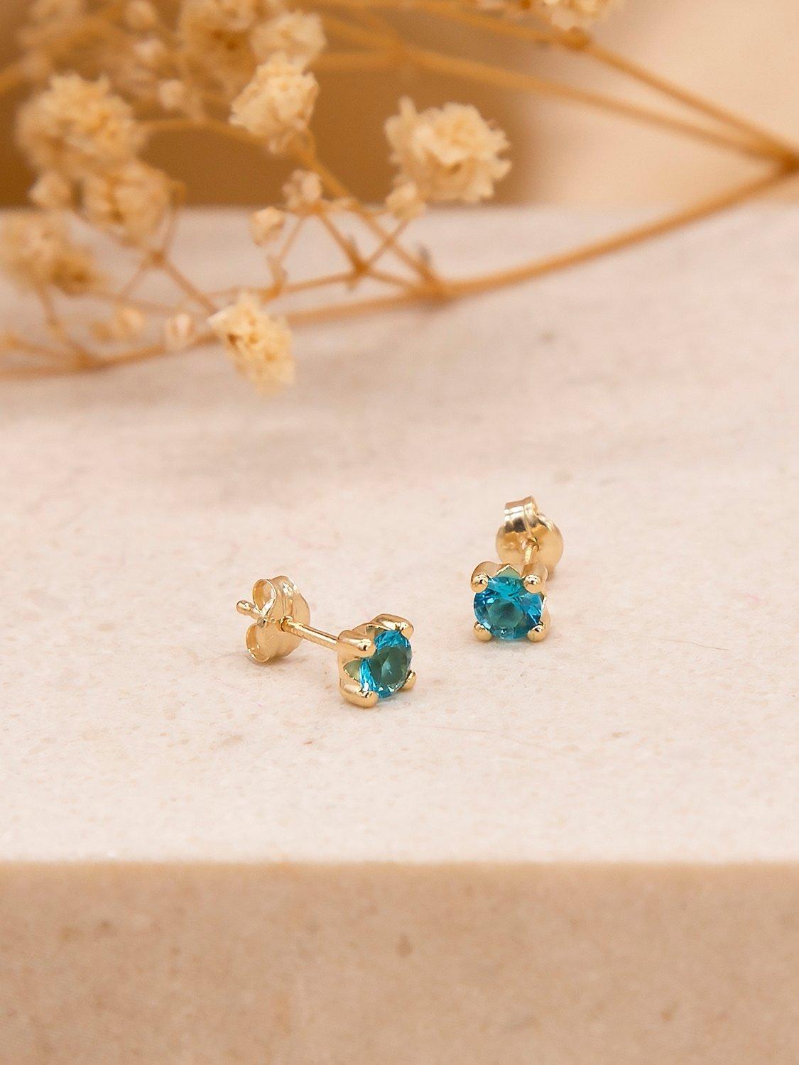 Product image 3 of 4, which shows IBB 9ct Yellow Gold Cubic Zirconia Stud Earrings, December/Turquoise