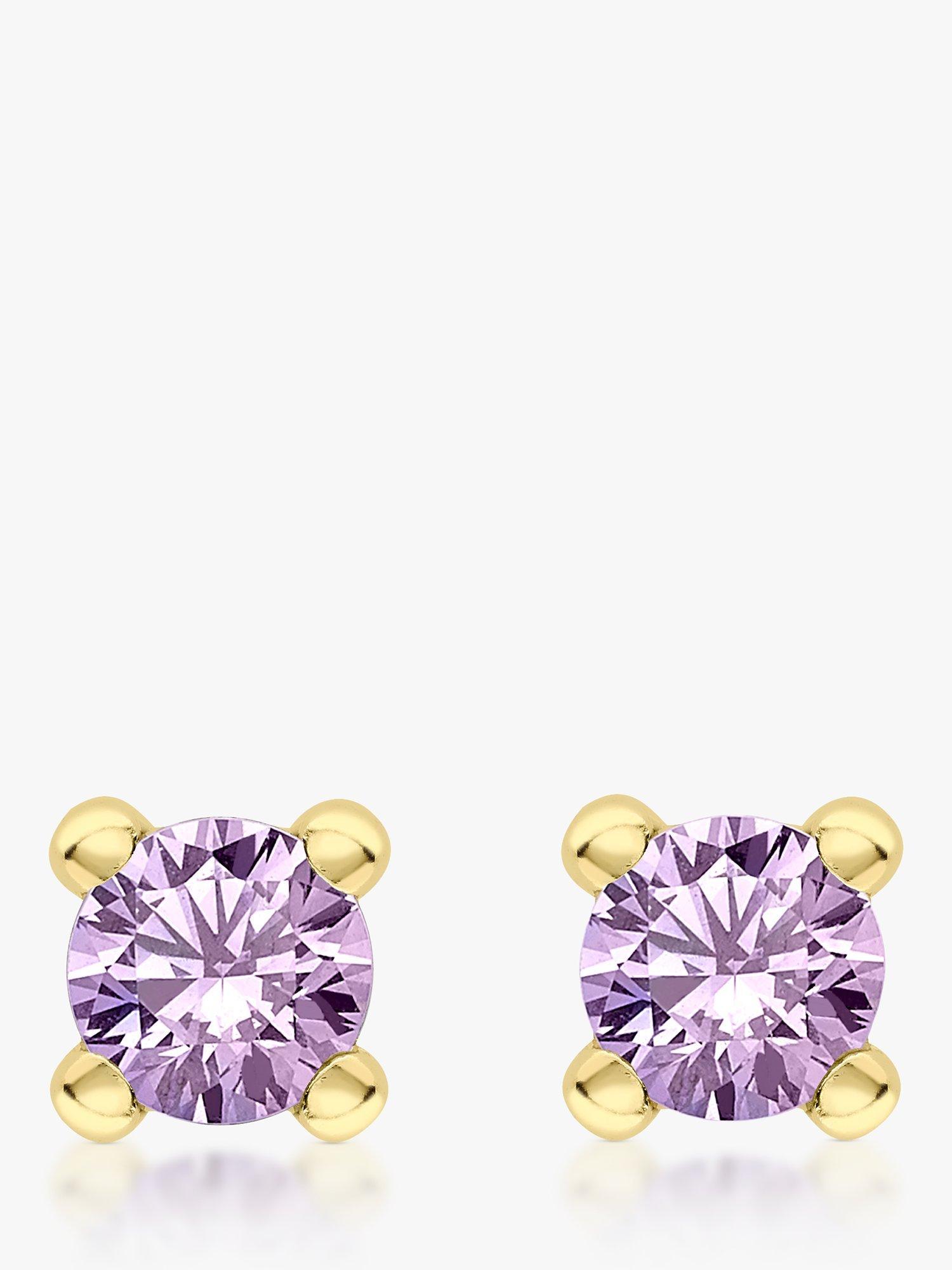 Product image 1 of 4, which shows IBB 9ct Yellow Gold Cubic Zirconia Stud Earrings, February/Purple