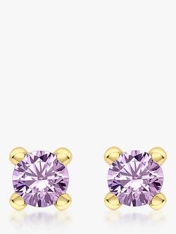 IBB 9ct Yellow Gold Cubic Zirconia Stud Earrings, February/Purple