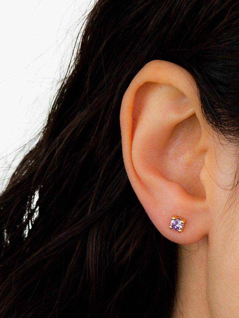 Product image 2 of 4, which shows IBB 9ct Yellow Gold Cubic Zirconia Stud Earrings, February/Purple