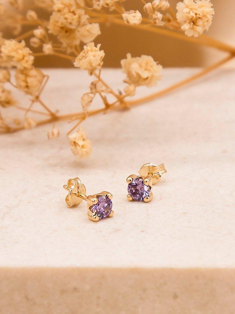 Product image 3 of 4, which shows IBB 9ct Yellow Gold Cubic Zirconia Stud Earrings, February/Purple