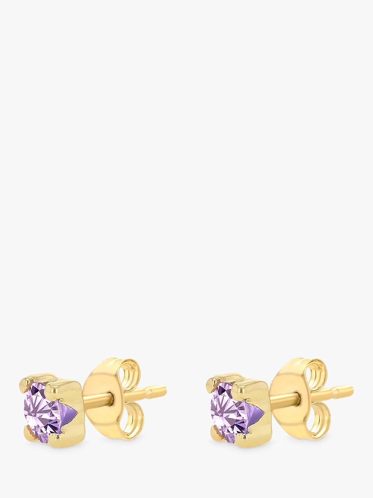 Product image 4 of 4, which shows IBB 9ct Yellow Gold Cubic Zirconia Stud Earrings, February/Purple