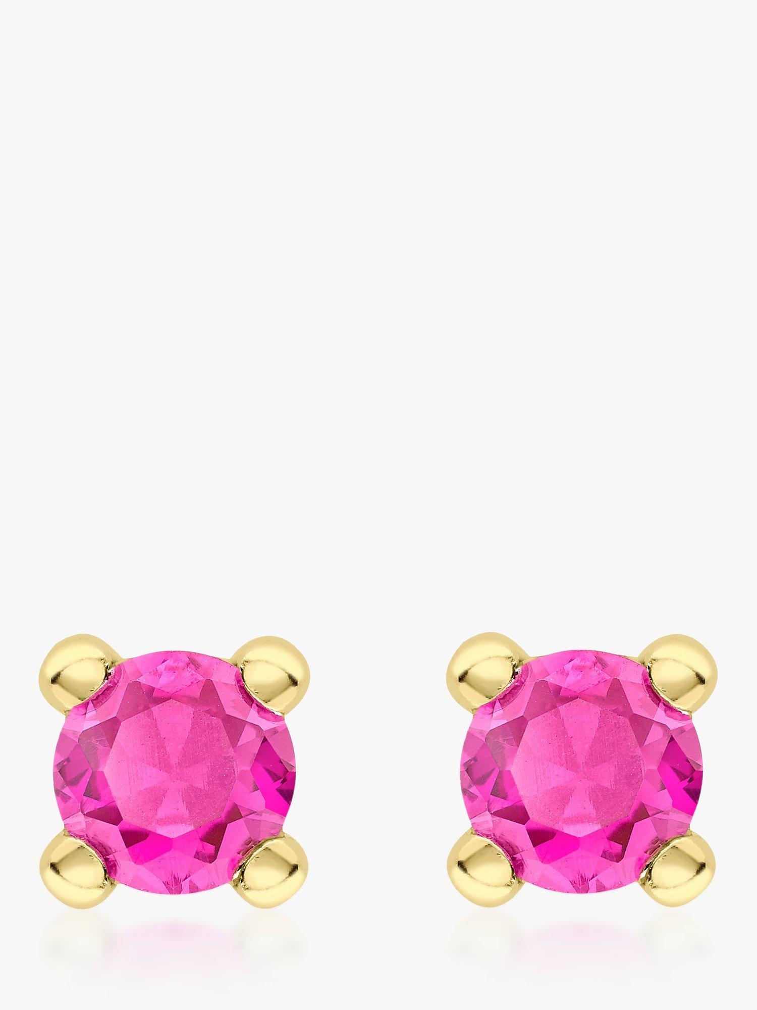 Product image 1 of 4, which shows IBB 9ct Yellow Gold Cubic Zirconia Stud Earrings, July/Pink