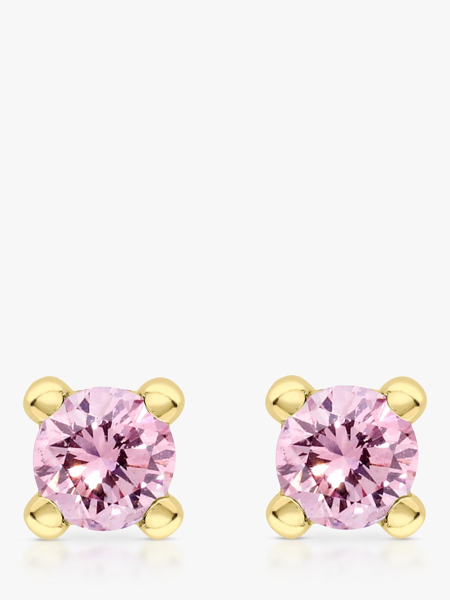 Product image 1 of 4, which shows IBB 9ct Yellow Gold Cubic Zirconia Stud Earrings, October/Light Pink
