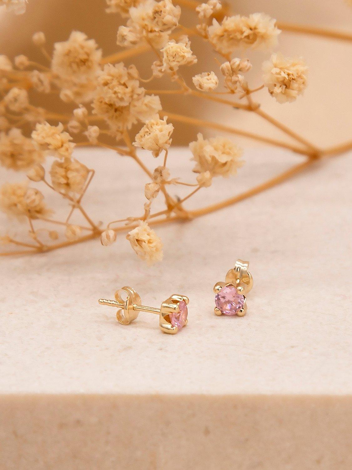 Product image 3 of 4, which shows IBB 9ct Yellow Gold Cubic Zirconia Stud Earrings, October/Light Pink