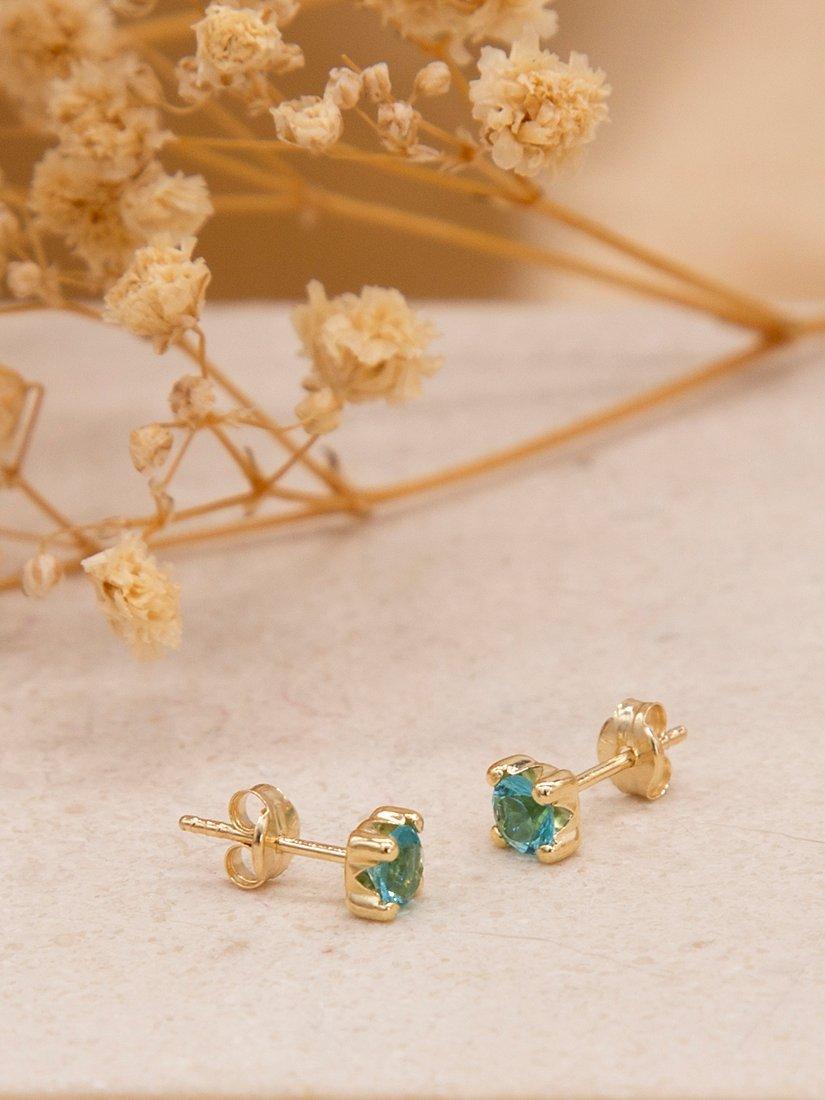 Product image 3 of 4, which shows IBB 9ct Yellow Gold Cubic Zirconia Stud Earrings, March/Aqua