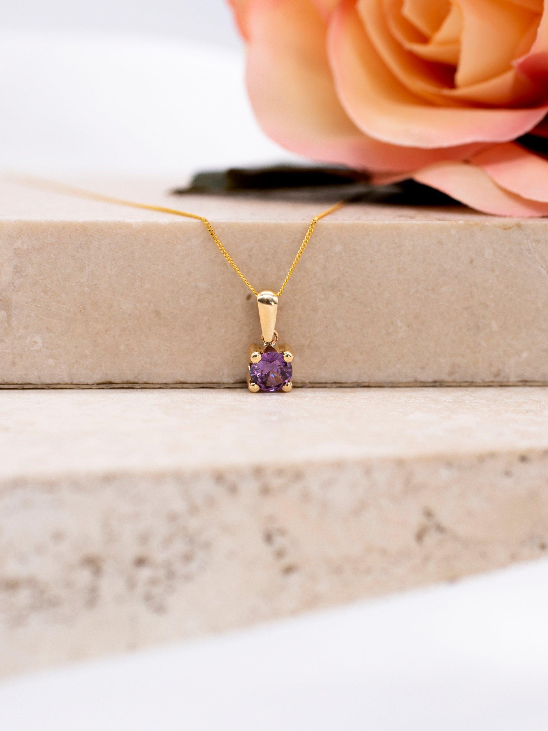 Product image 3 of 5, which shows IBB 9ct Yellow Gold Round Cubic Zirconia Pendant Necklace, February/Purple