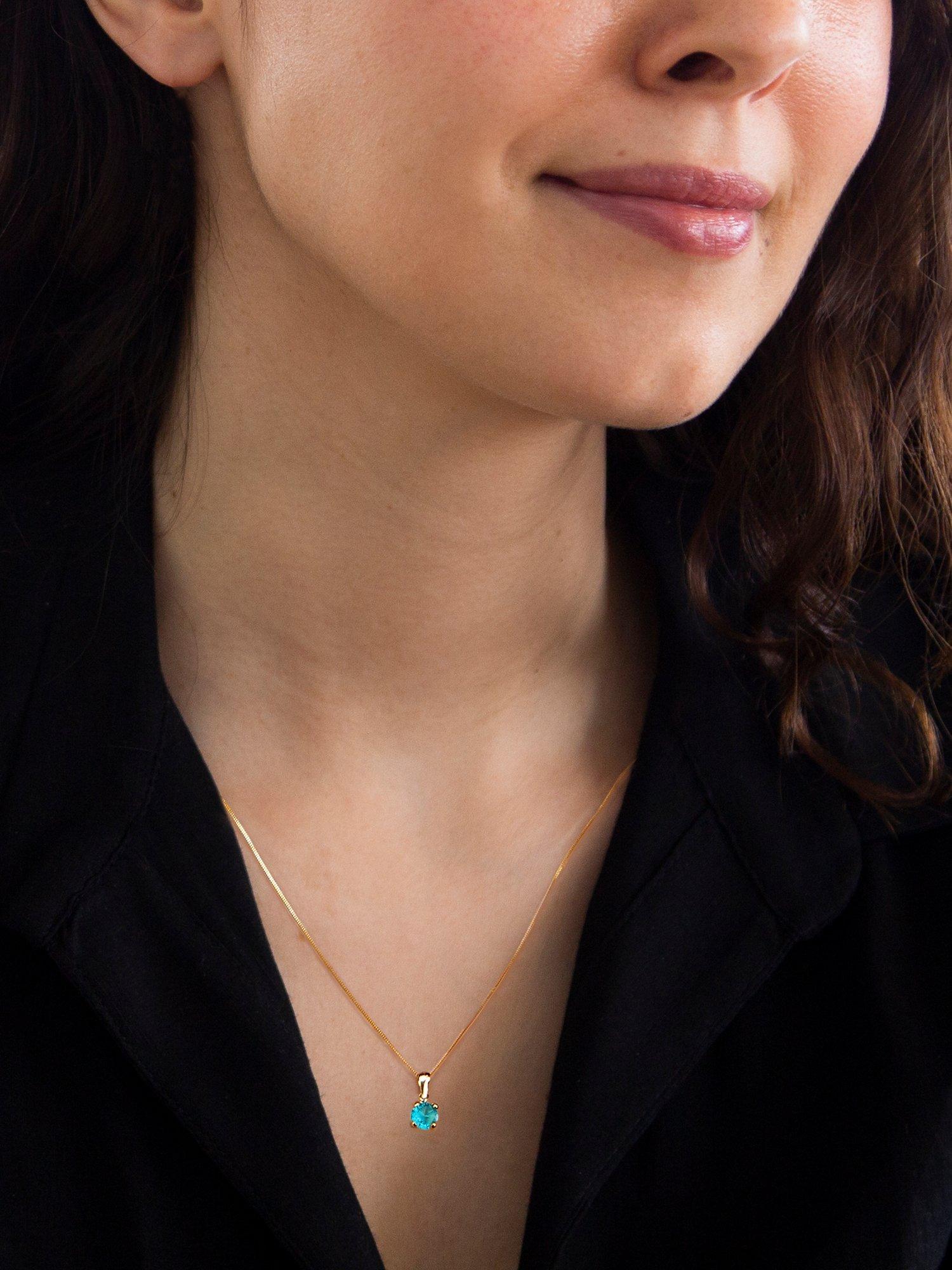 Product image 2 of 4, which shows IBB 9ct Yellow Gold Round Cubic Zirconia Pendant Necklace, December/Topaz Blue