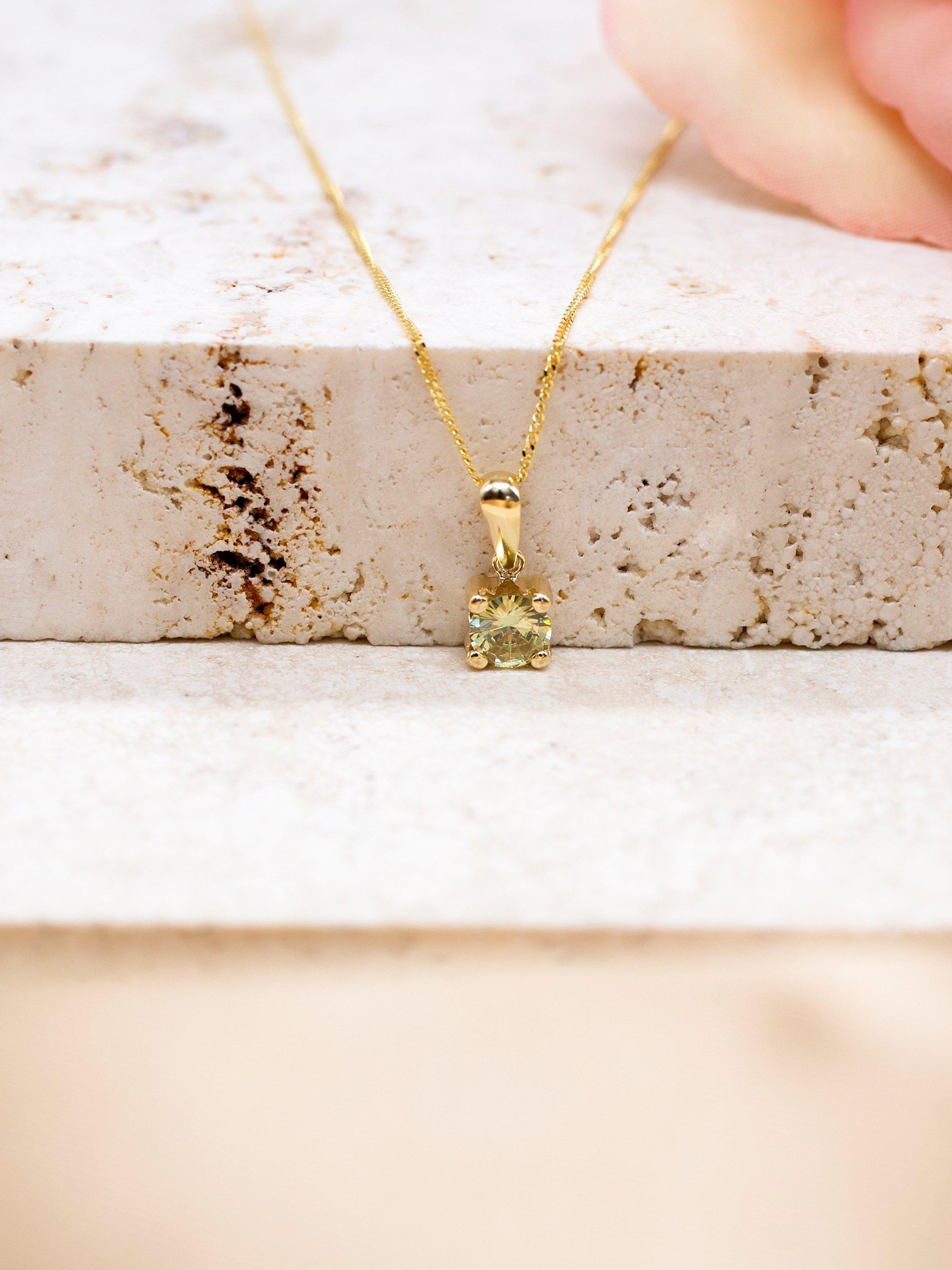 Product image 3 of 4, which shows IBB 9ct Yellow Gold Round Cubic Zirconia Pendant Necklace, August/Light Green