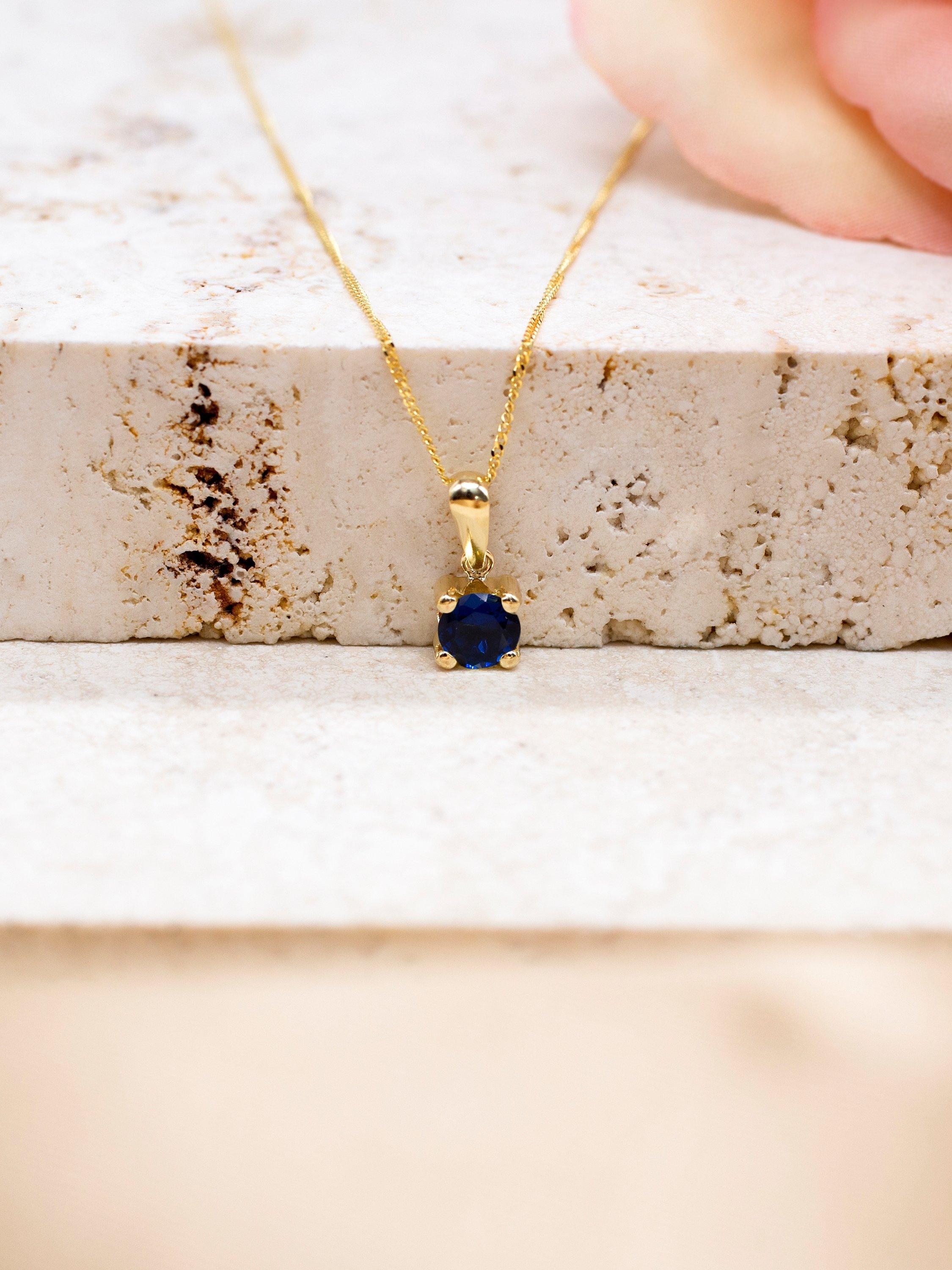 Product image 3 of 4, which shows IBB 9ct Yellow Gold Birthday Round Cubic Zirconia Pendant Necklace, September/Dark Blue